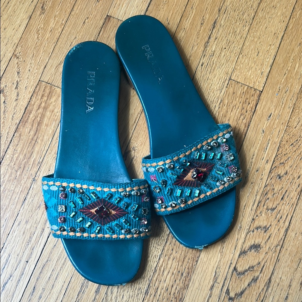 Prada Teal Embellished Women's Slides 38.5